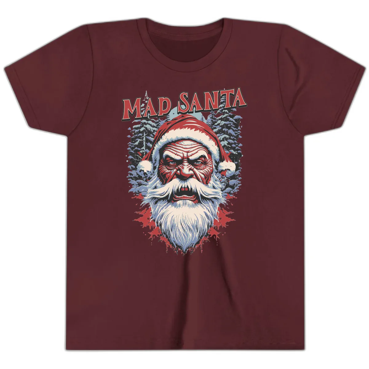 Mad Santa Ugly Christmas Graphic Youth T-Shirt in Maroon