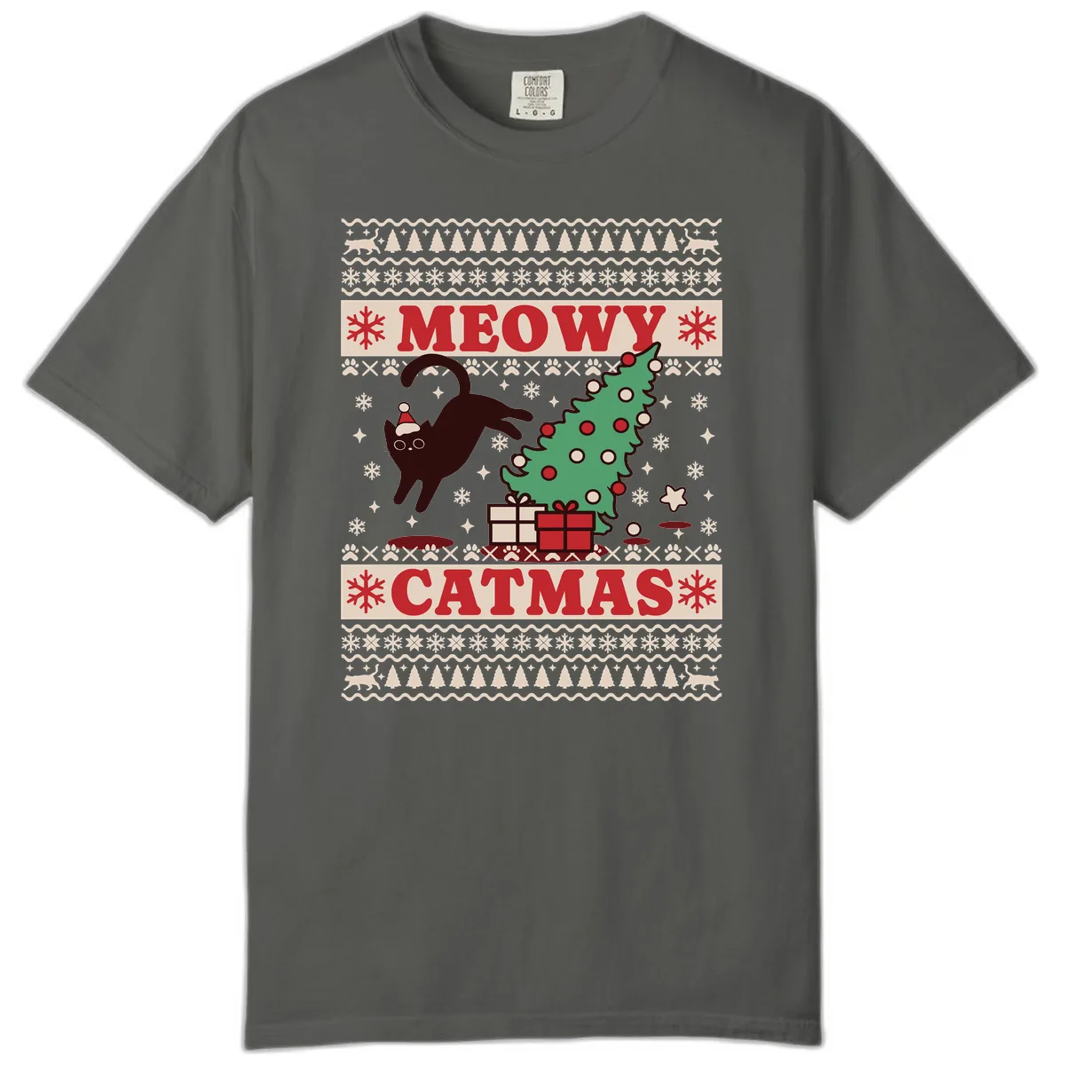 Meowy Catmas Ugly Sweater Design Comfort Color in Pepper