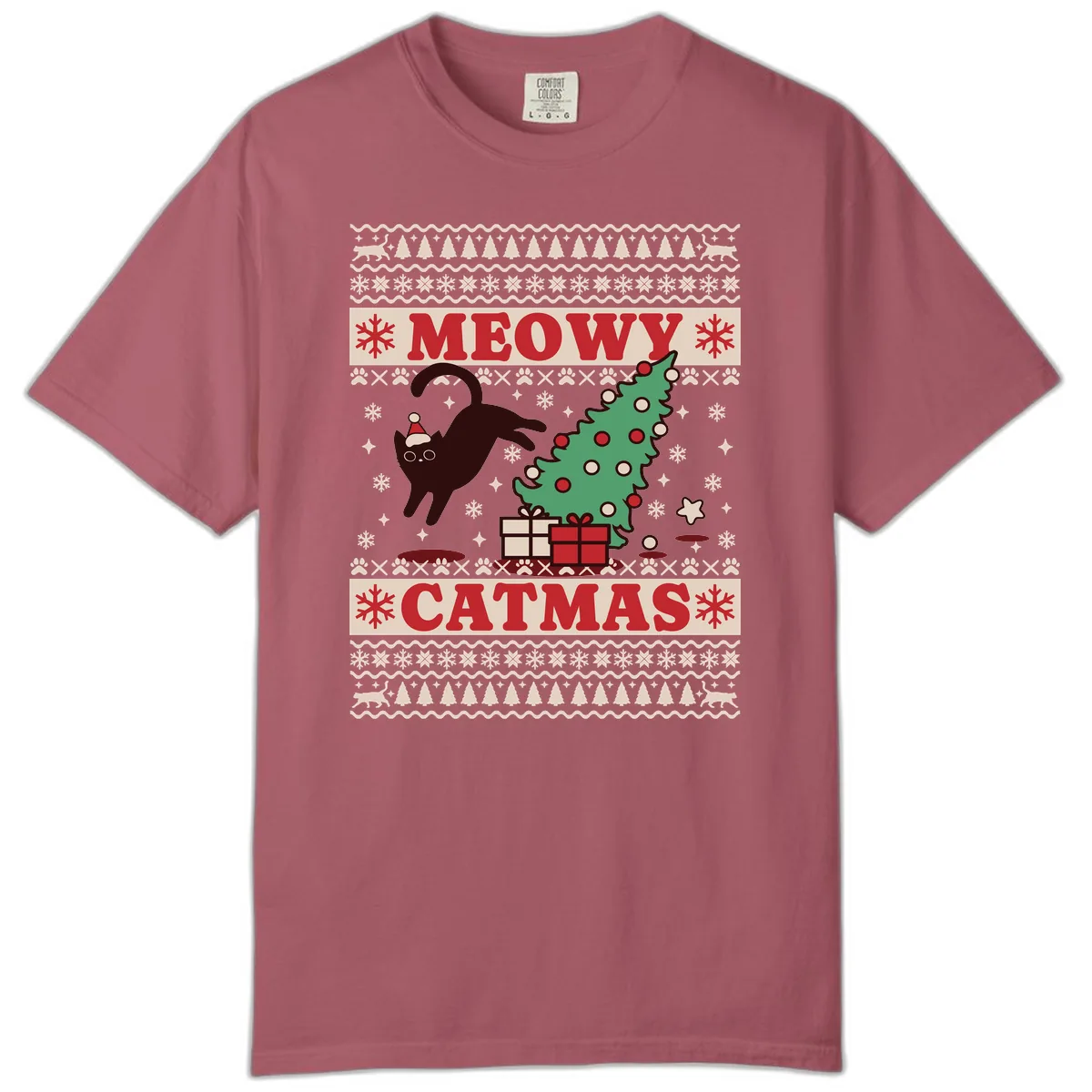 Meowy Catmas Ugly Sweater Design Comfort Color in Crimson