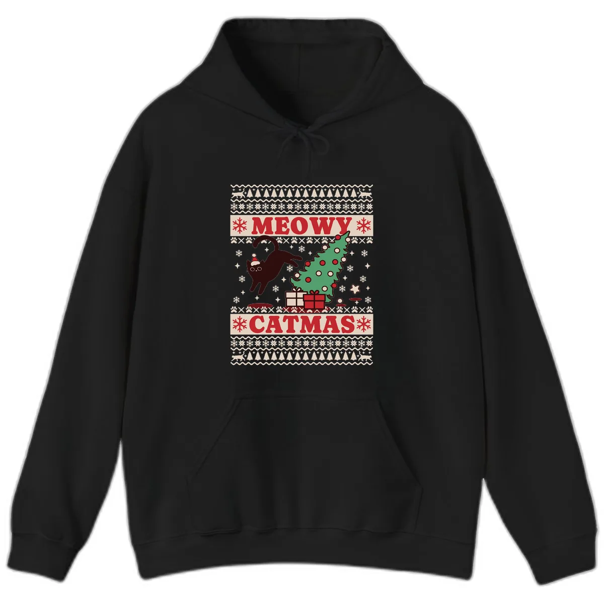 Meowy Catmas Ugly Sweater Design Hoodie in Black