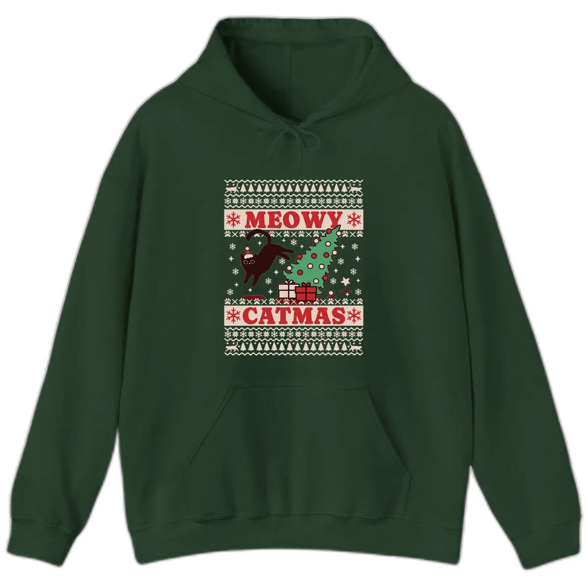 Meowy Catmas Ugly Sweater Design Hoodie in Forest Green