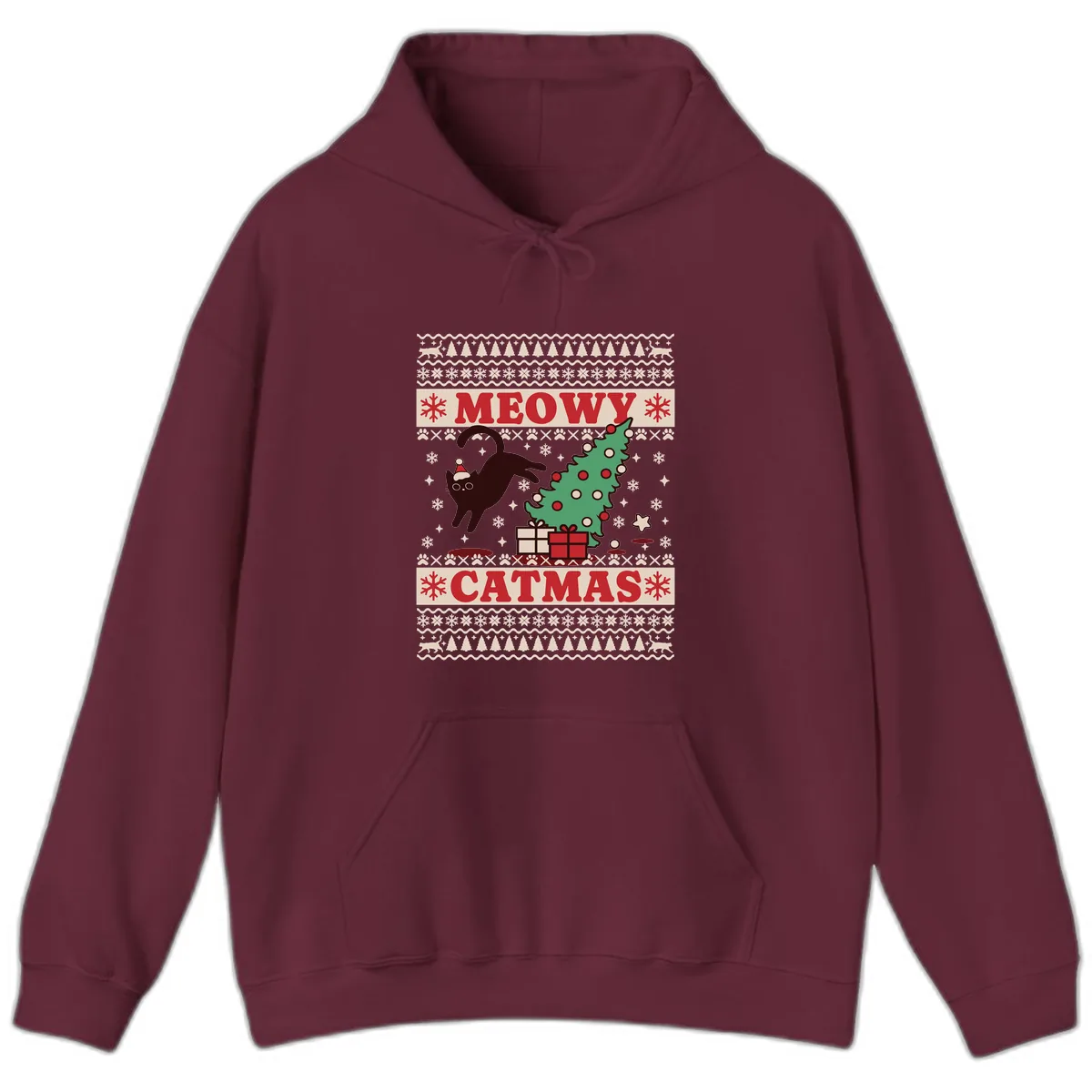 Meowy Catmas Ugly Sweater Design Hoodie in Maroon