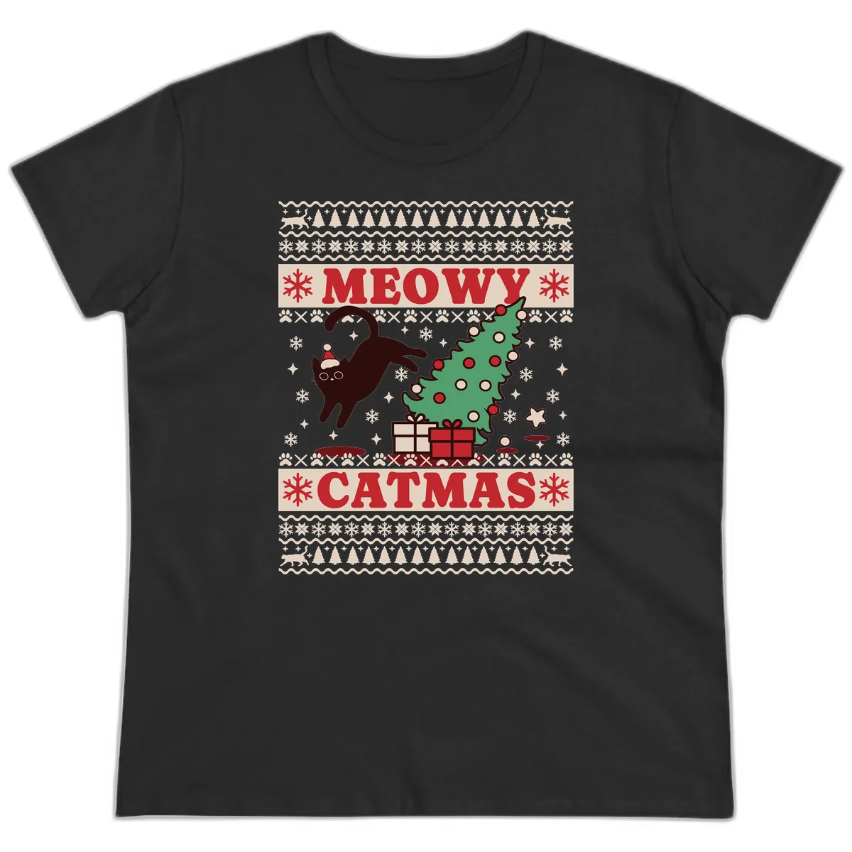 Meowy Catmas Ugly Sweater Design Ladies Tee in Black
