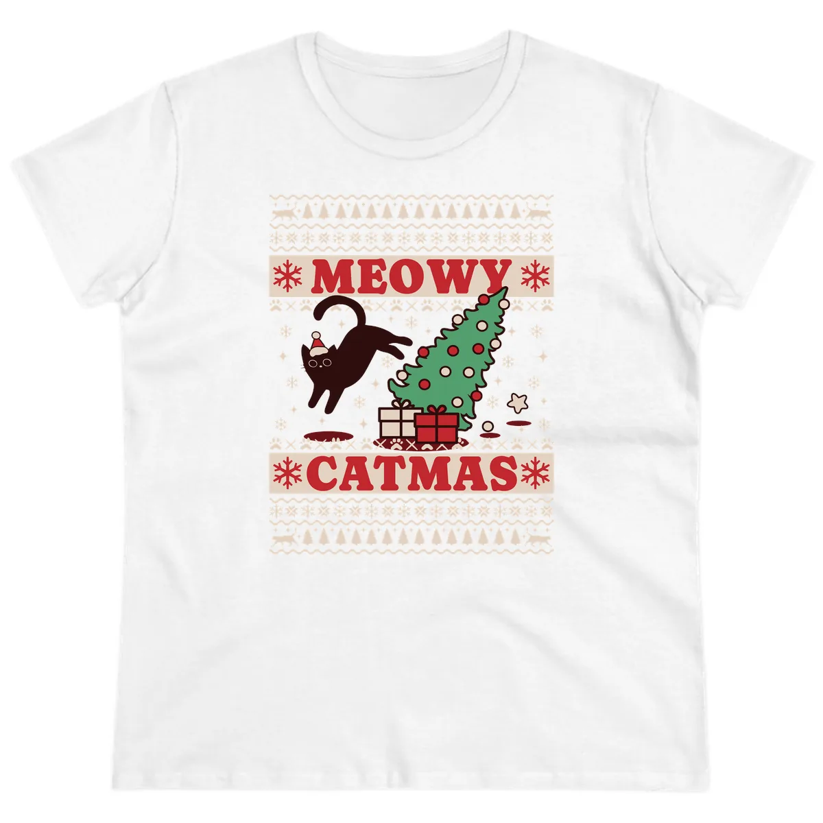 Meowy Catmas Ugly Sweater Design Ladies Tee in White
