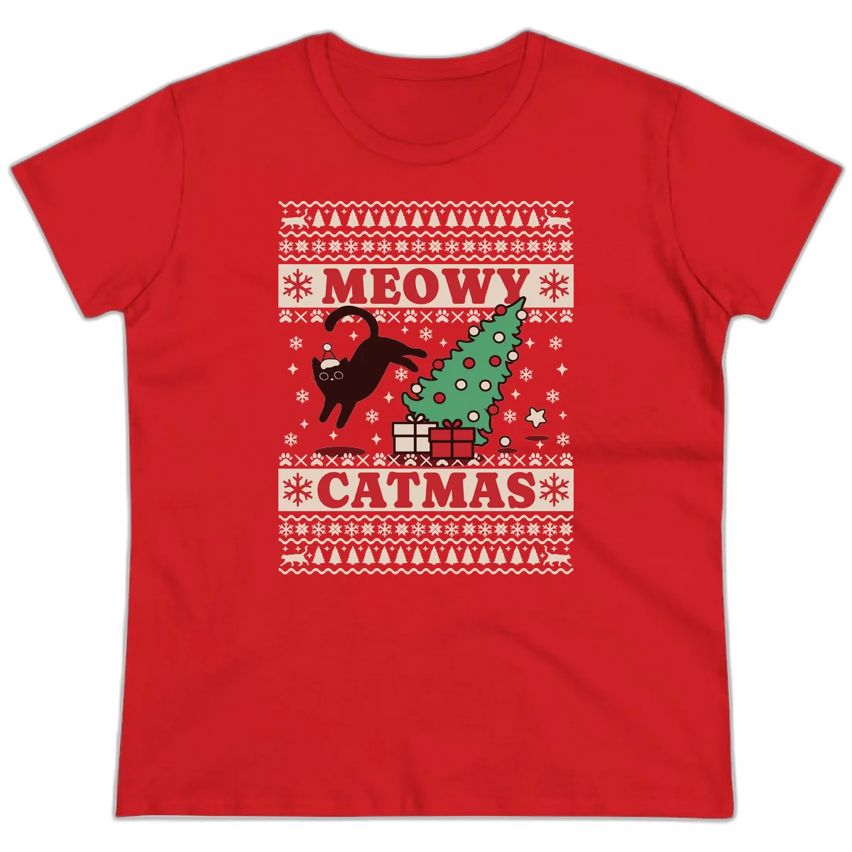 Meowy Catmas Ugly Sweater Design Ladies Tee in Red