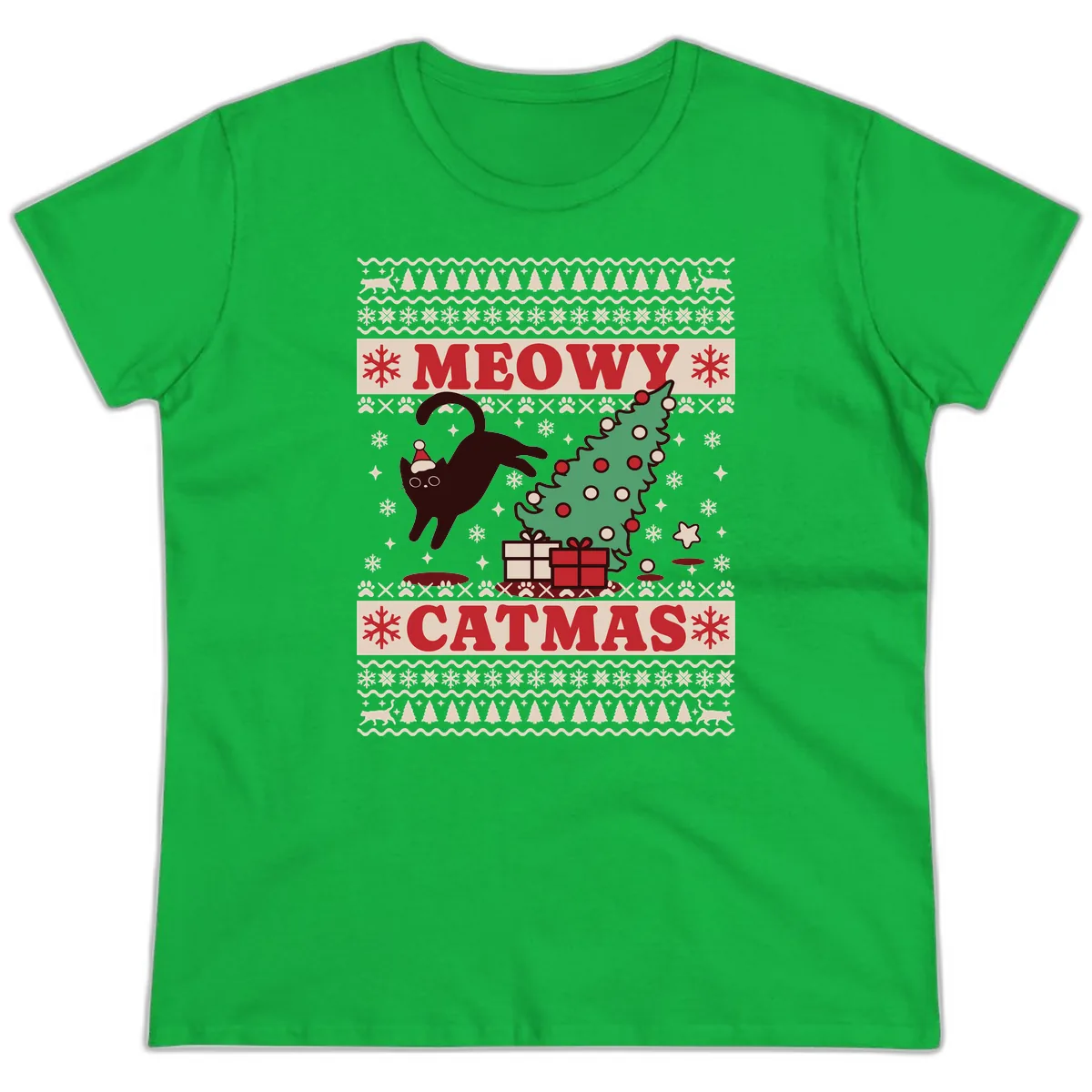 Meowy Catmas Ugly Sweater Design Ladies Tee in Irish Green