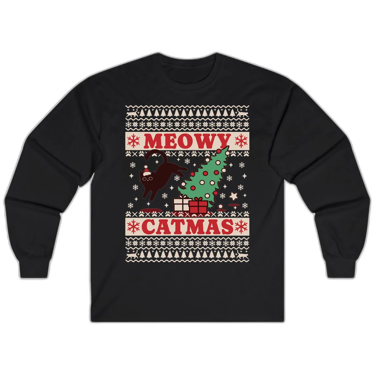 Meowy Catmas Ugly Sweater Design Long Sleeve in Black