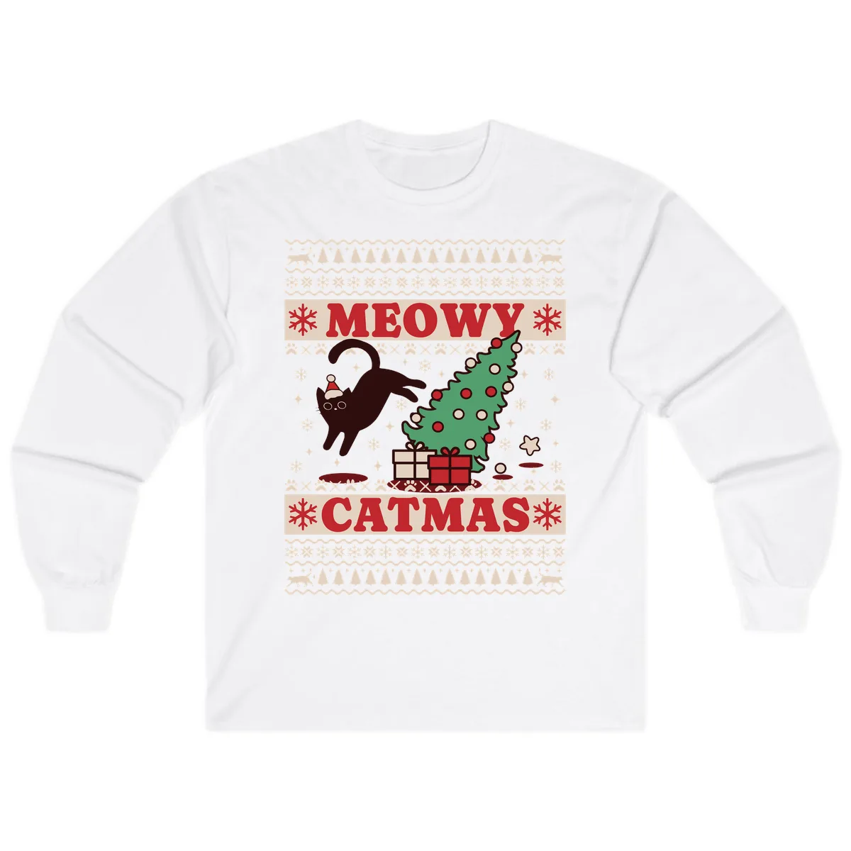 Meowy Catmas Ugly Sweater Design Long Sleeve in White