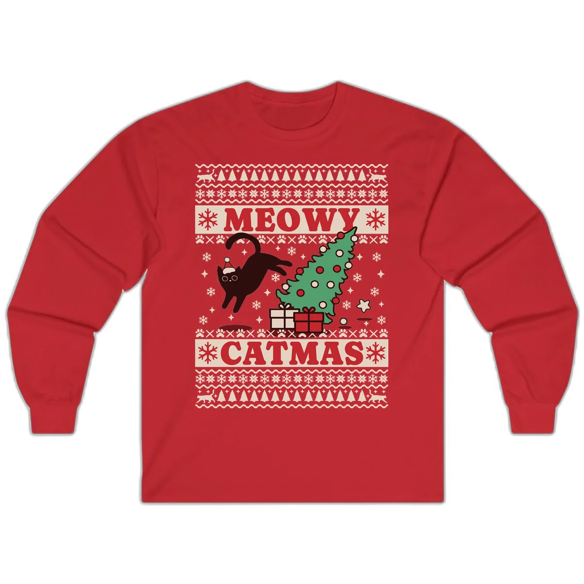 Meowy Catmas Ugly Sweater Design Long Sleeve in Red