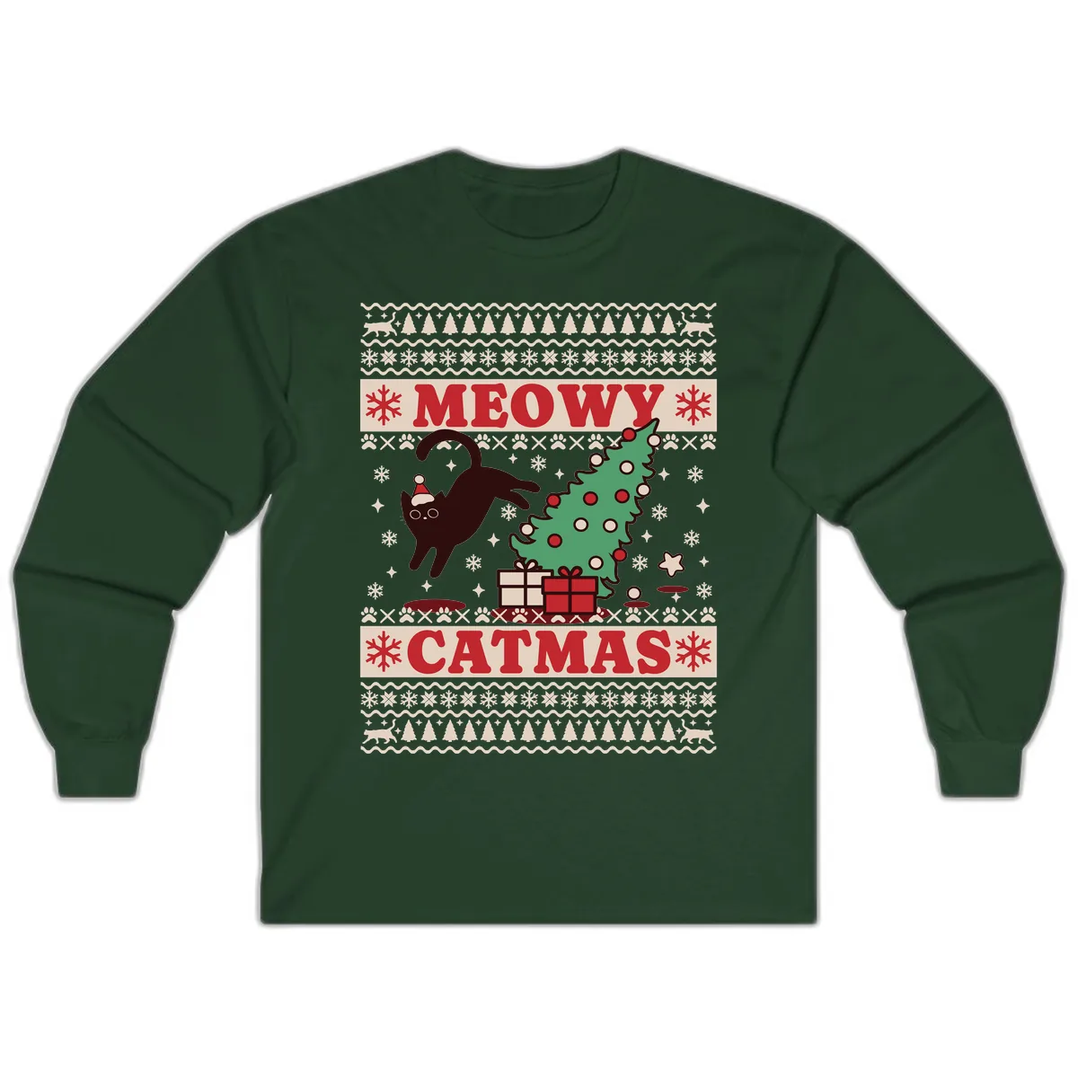 Meowy Catmas Ugly Sweater Design Long Sleeve in Forest Green
