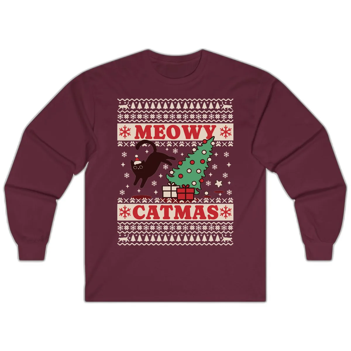 Meowy Catmas Ugly Sweater Design Long Sleeve in Maroon