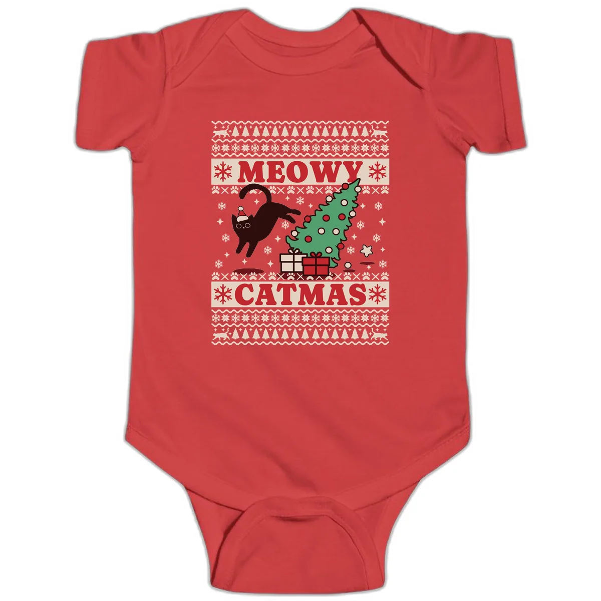Meowy Catmas Ugly Sweater Design Baby Onesie in Red