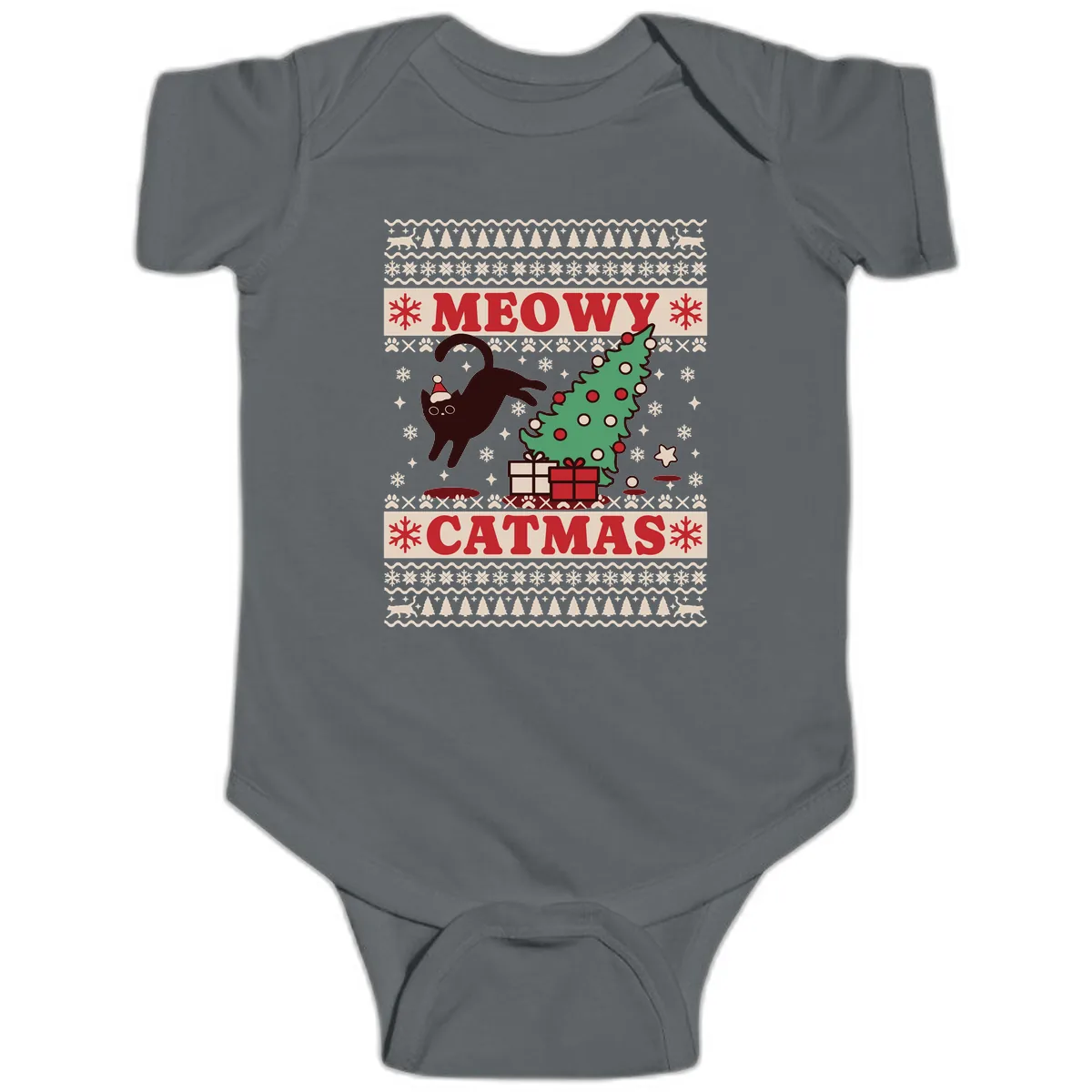 Meowy Catmas Ugly Sweater Design Baby Onesie in Charcoal