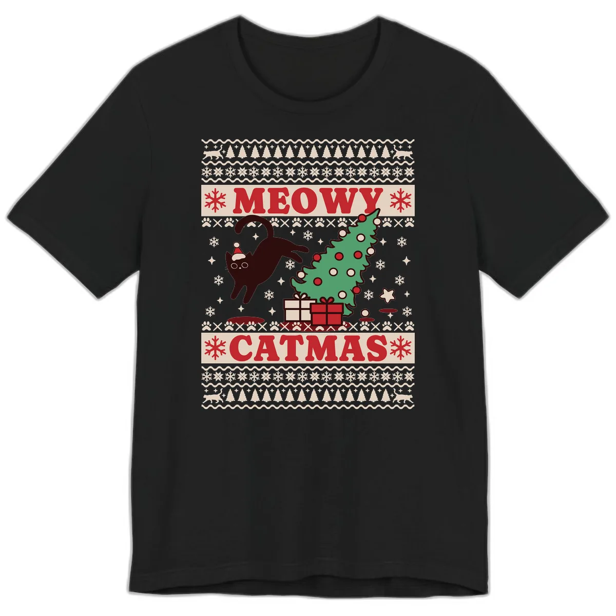 Meowy Catmas Ugly Sweater Design Premium T-Shirt in Black