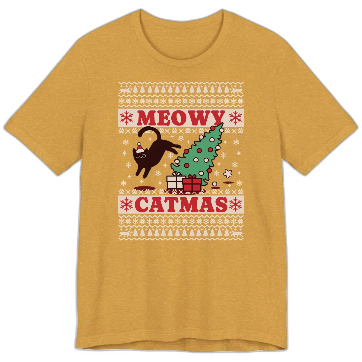 Meowy Catmas Ugly Sweater Design Premium T-Shirt in Heather Mustard