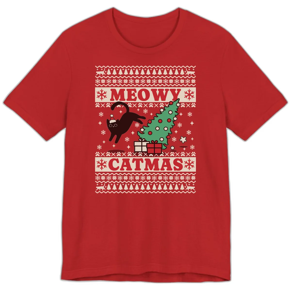 Meowy Catmas Ugly Sweater Design Premium T-Shirt in Red
