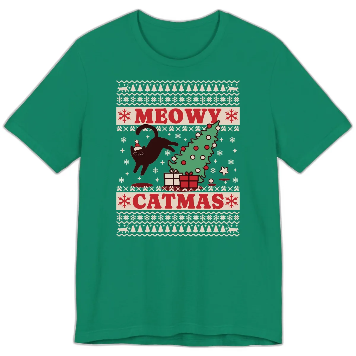 Meowy Catmas Ugly Sweater Design Premium T-Shirt in Kelly