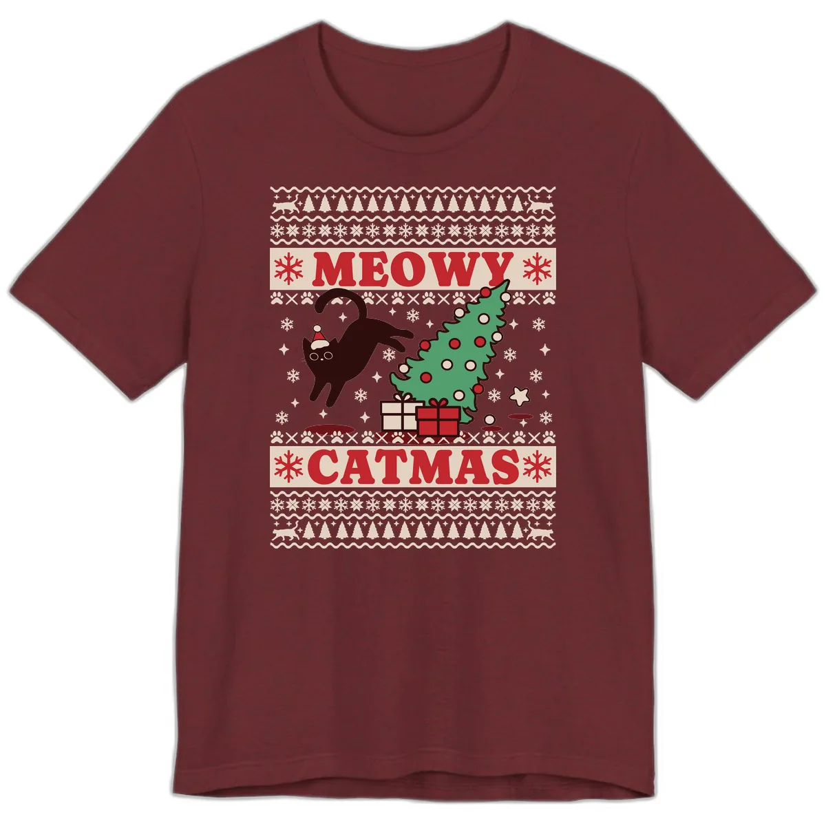 Meowy Catmas Ugly Sweater Design Premium T-Shirt in Heather Cardinal