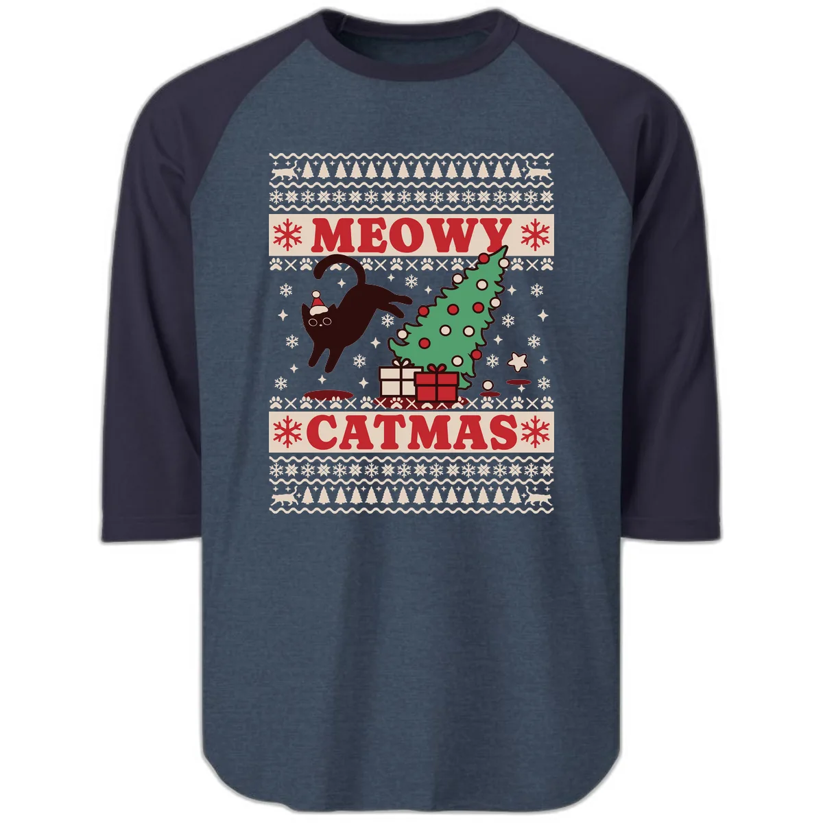 Meowy Catmas Ugly Sweater Design Raglan 3/4 in Heather Denim Navy