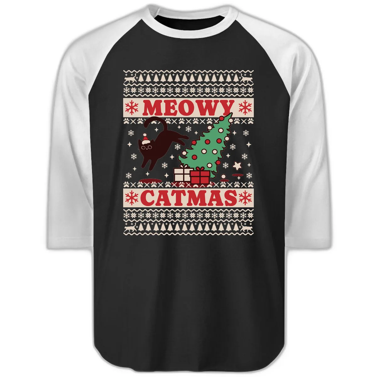Meowy Catmas Ugly Sweater Design Raglan 3/4 in Black White