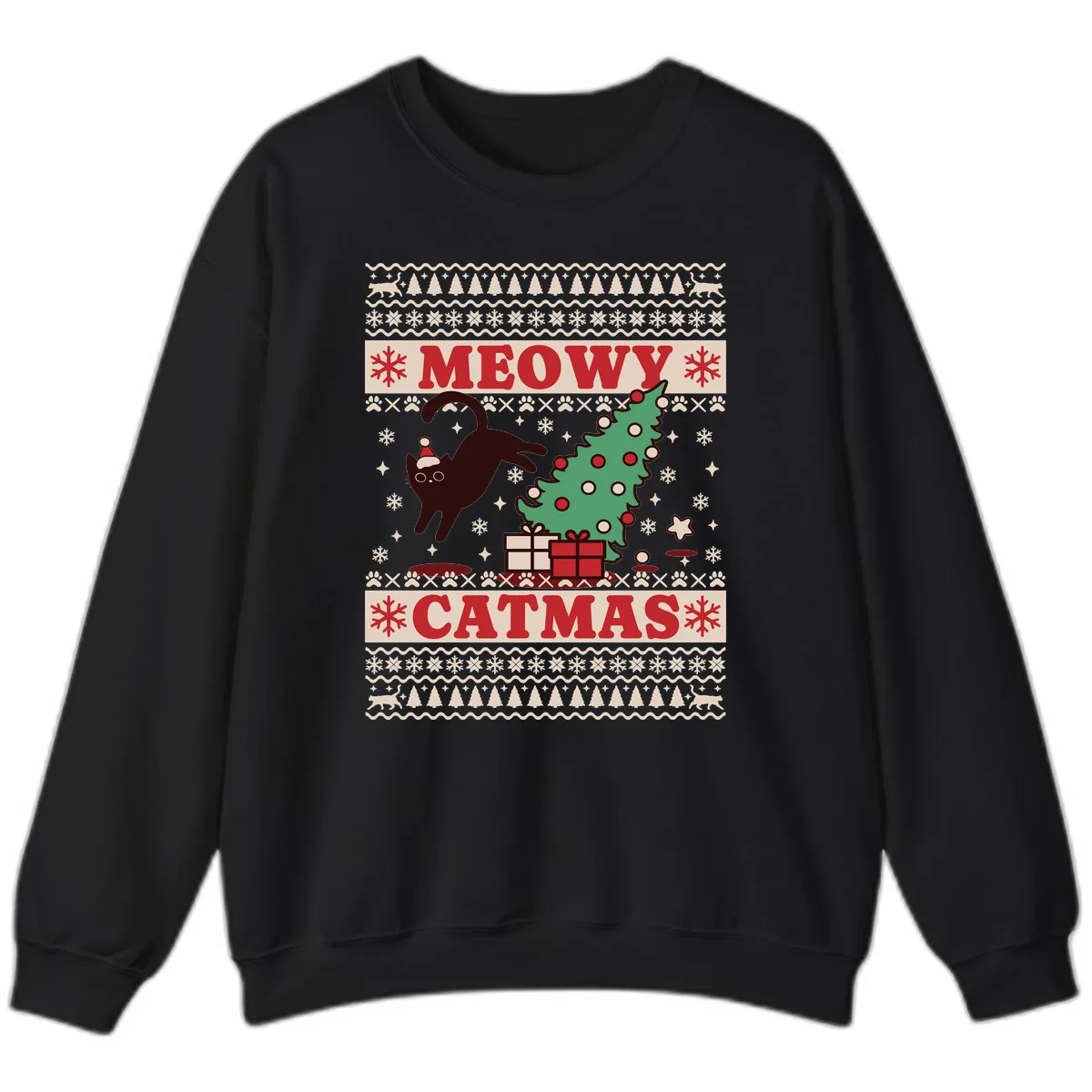 Meowy Catmas Ugly Sweater Design Sweatshirt in Black