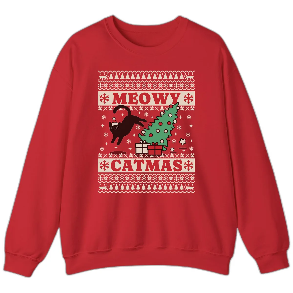 Meowy Catmas Ugly Sweater Design Sweatshirt in Red