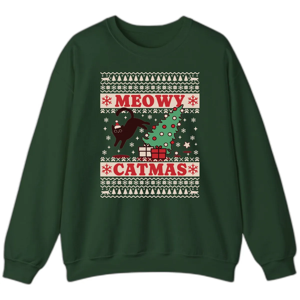 Meowy Catmas Ugly Sweater Design Sweatshirt in Forest Green
