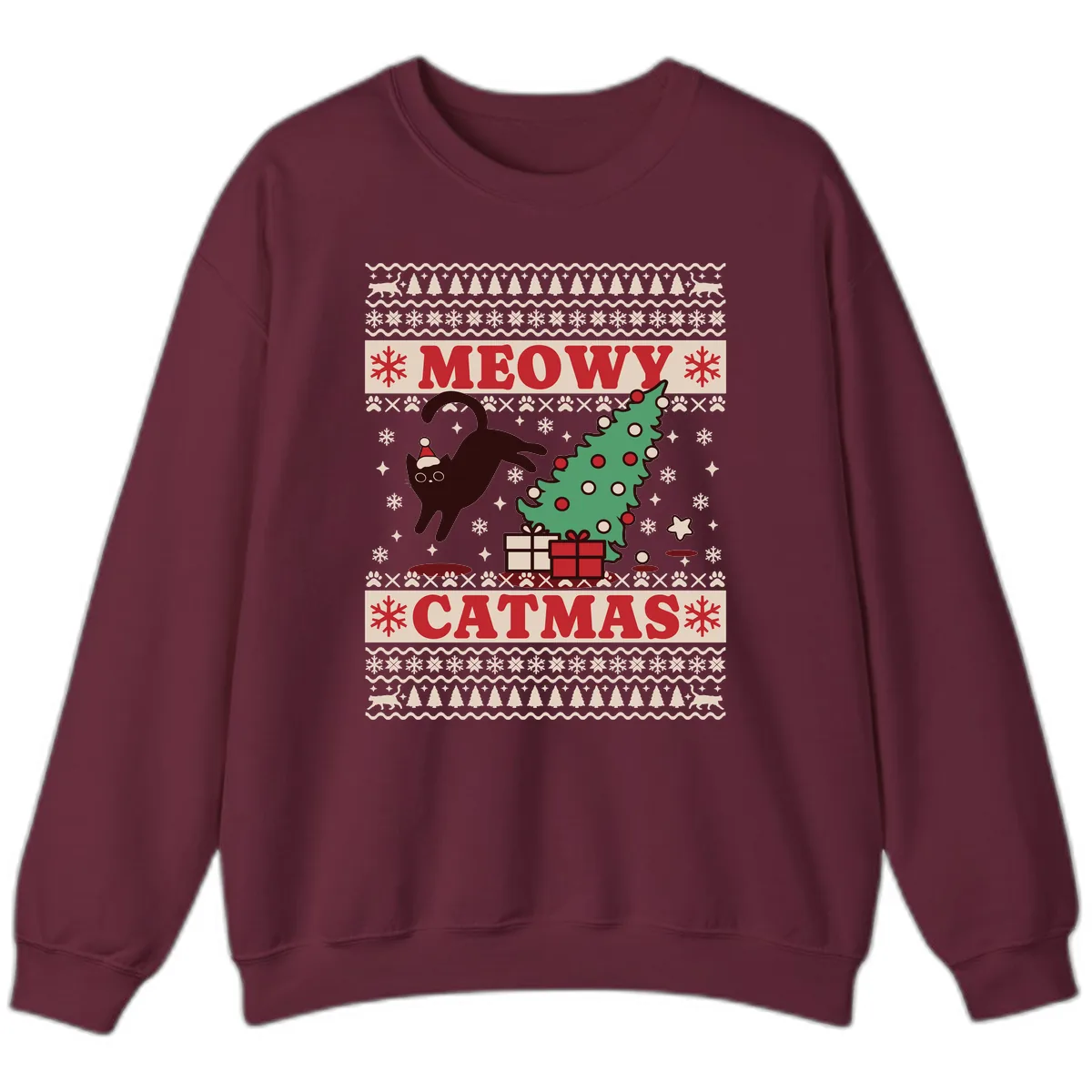 Meowy Catmas Ugly Sweater Design Sweatshirt in Maroon