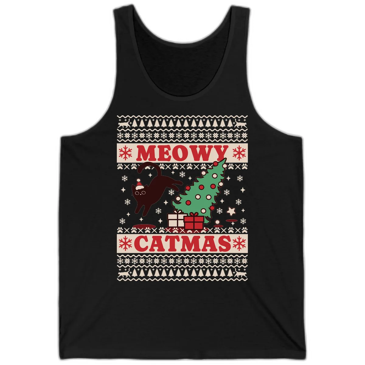 Meowy Catmas Ugly Sweater Design Tank in Black