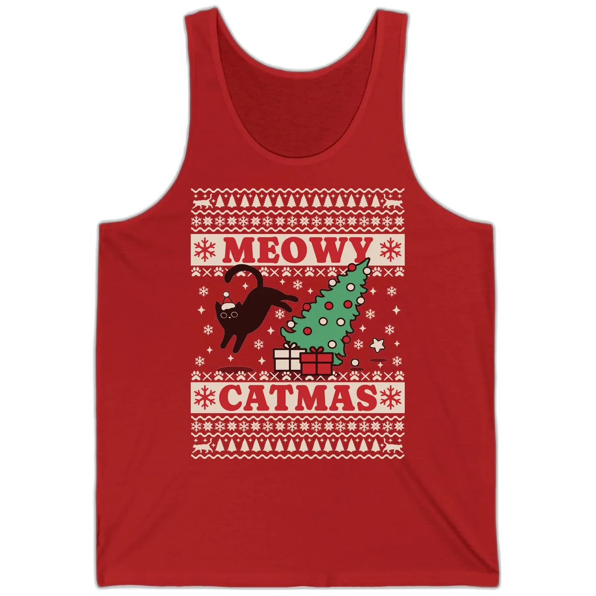Meowy Catmas Ugly Sweater Design Tank in Red