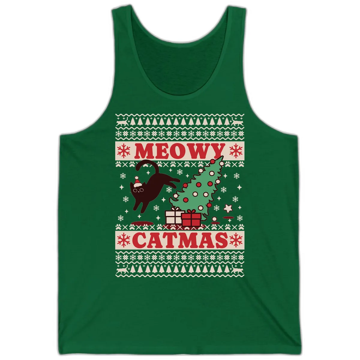 Meowy Catmas Ugly Sweater Design Tank in Kelly