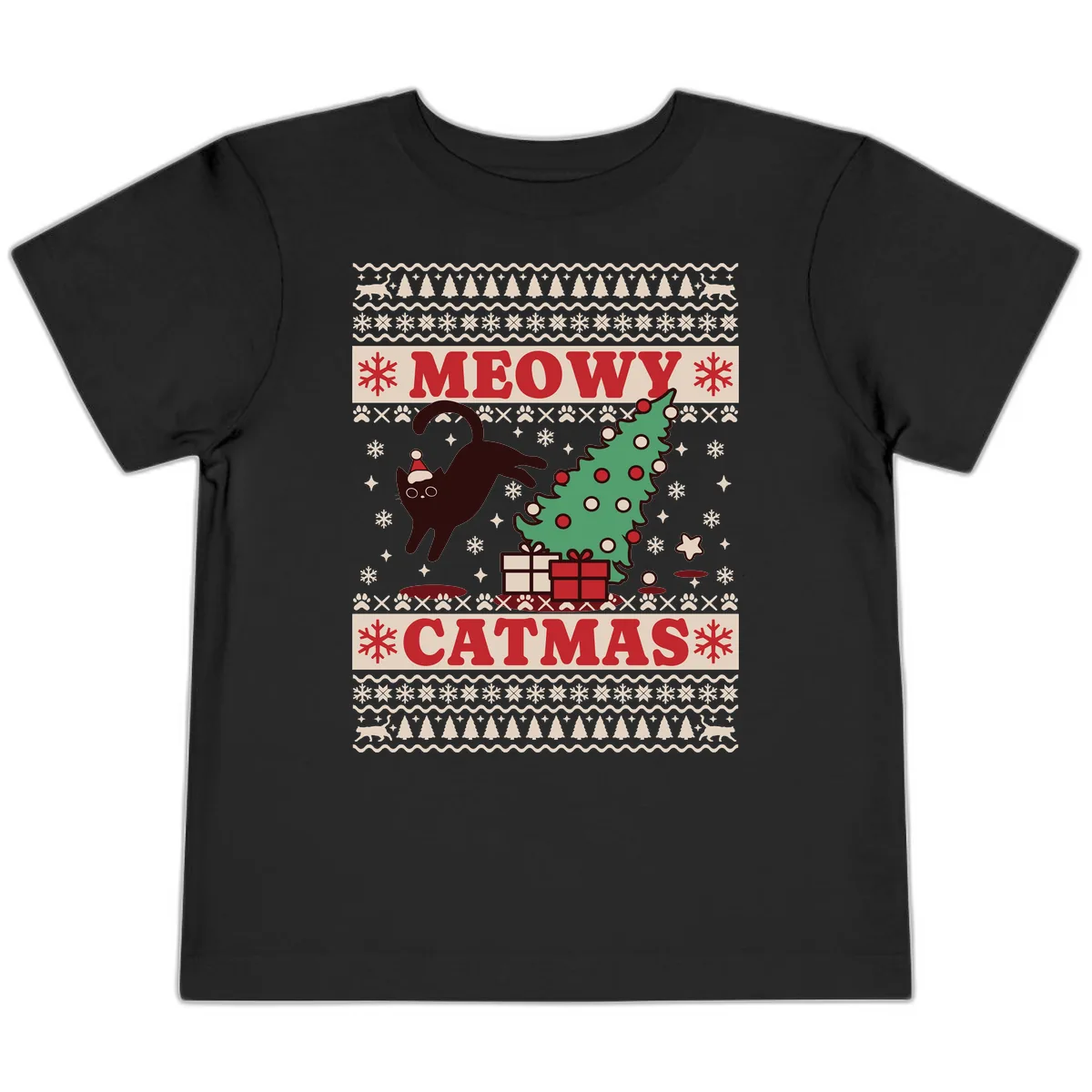 Meowy Catmas Ugly Sweater Design Toddler T-Shirt in Black