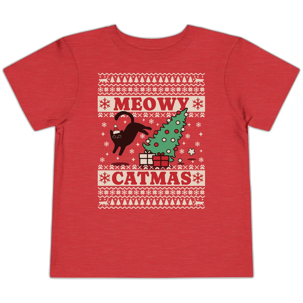 Meowy Catmas Ugly Sweater Design Toddler T-Shirt in Heather Red