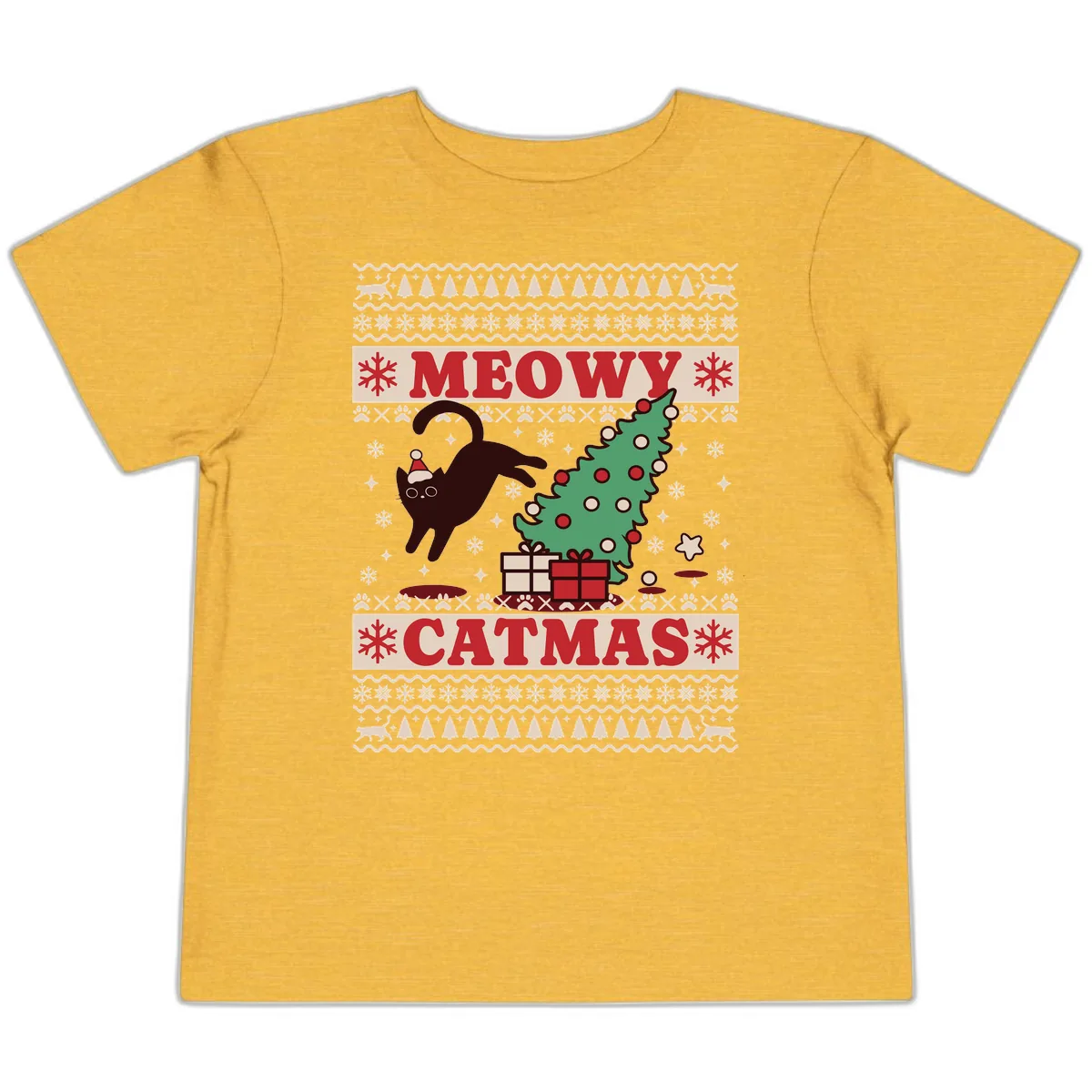 Meowy Catmas Ugly Sweater Design Toddler T-Shirt in Heather Yellow Gold