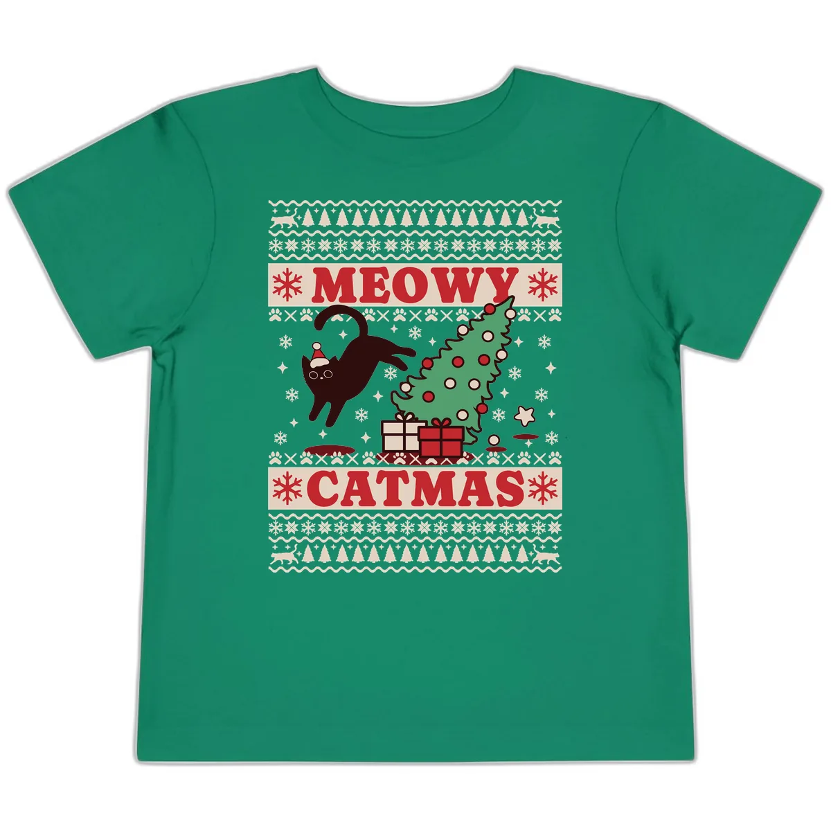 Meowy Catmas Ugly Sweater Design Toddler T-Shirt in Kelly