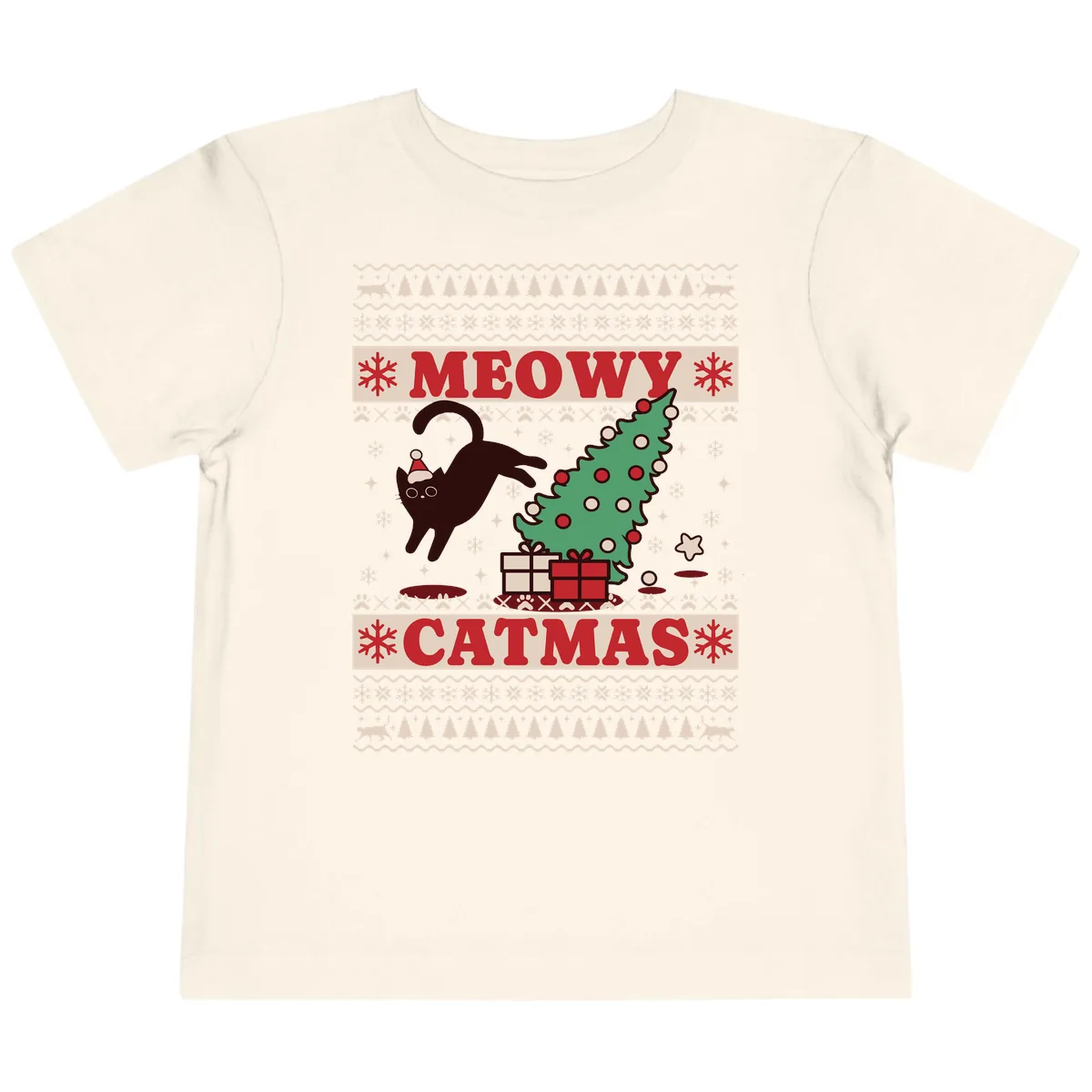 Meowy Catmas Ugly Sweater Design Toddler T-Shirt in Natural