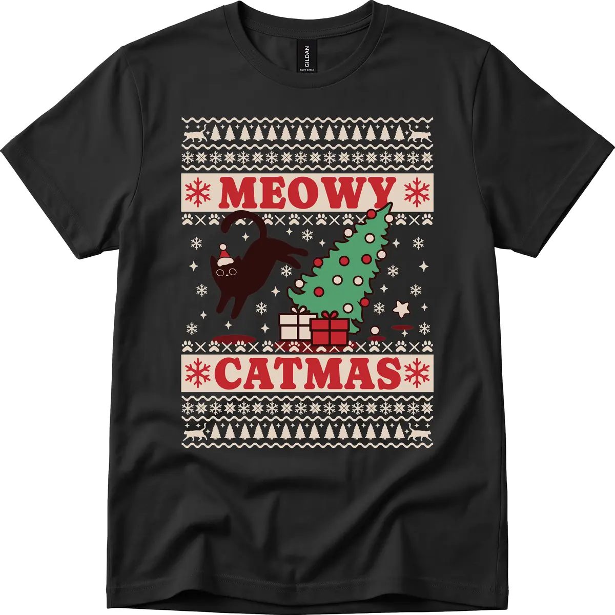Meowy Catmas Ugly Sweater Design T-Shirt in Black