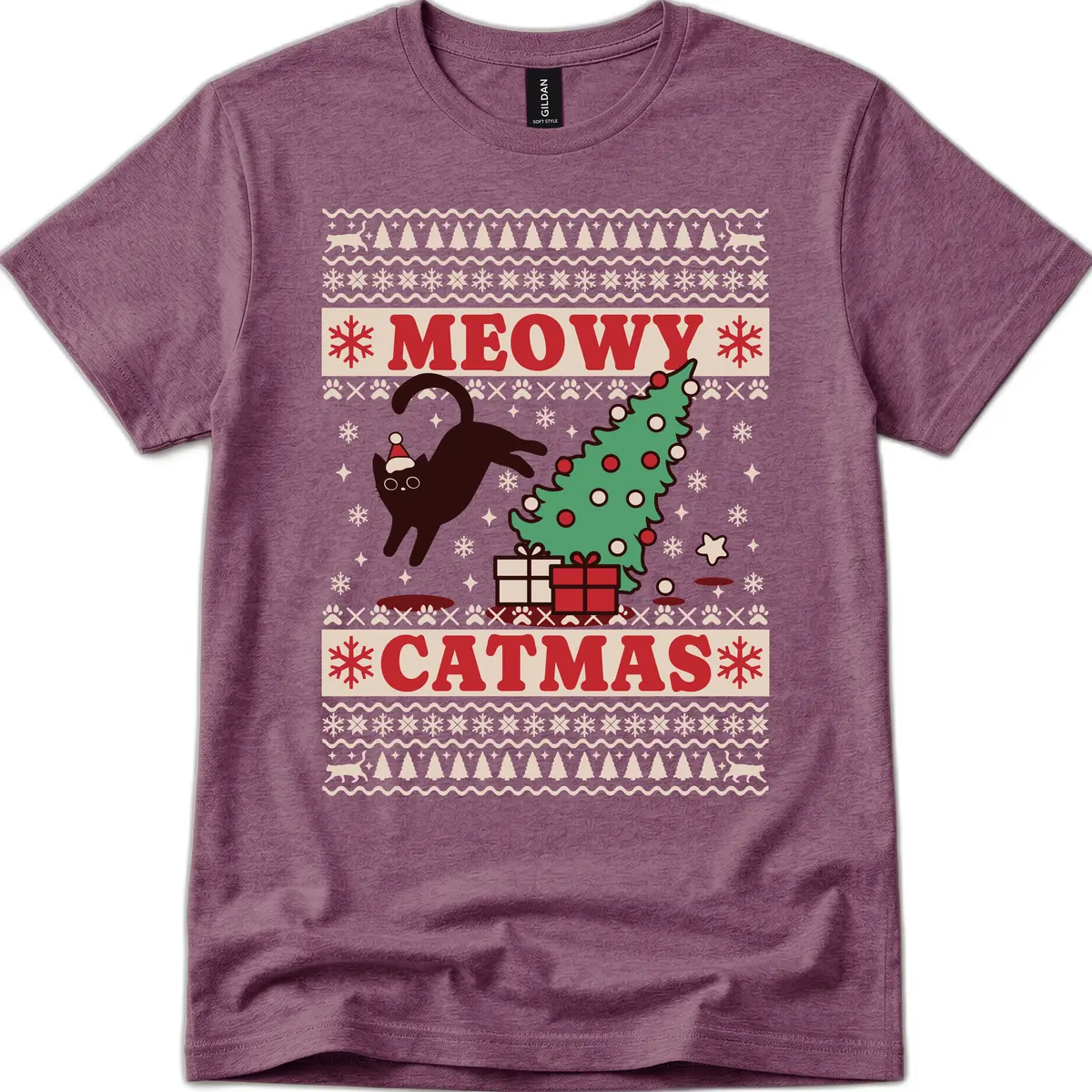 Meowy Catmas Ugly Sweater Design T-Shirt in Heather Maroon