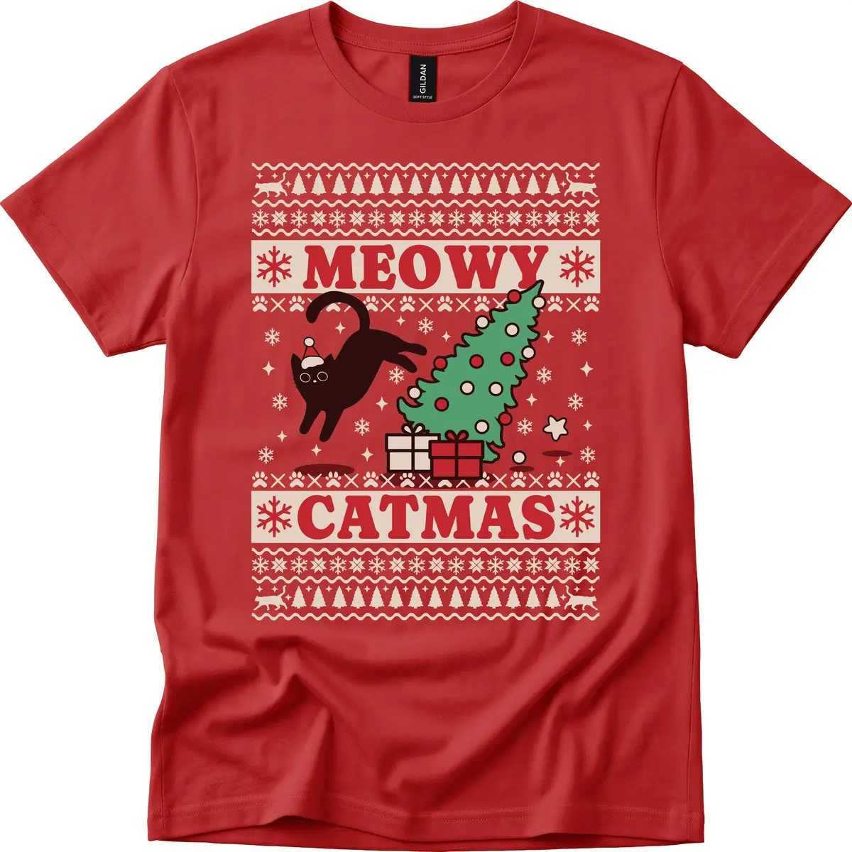 Meowy Catmas Ugly Sweater Design T-Shirt in Red