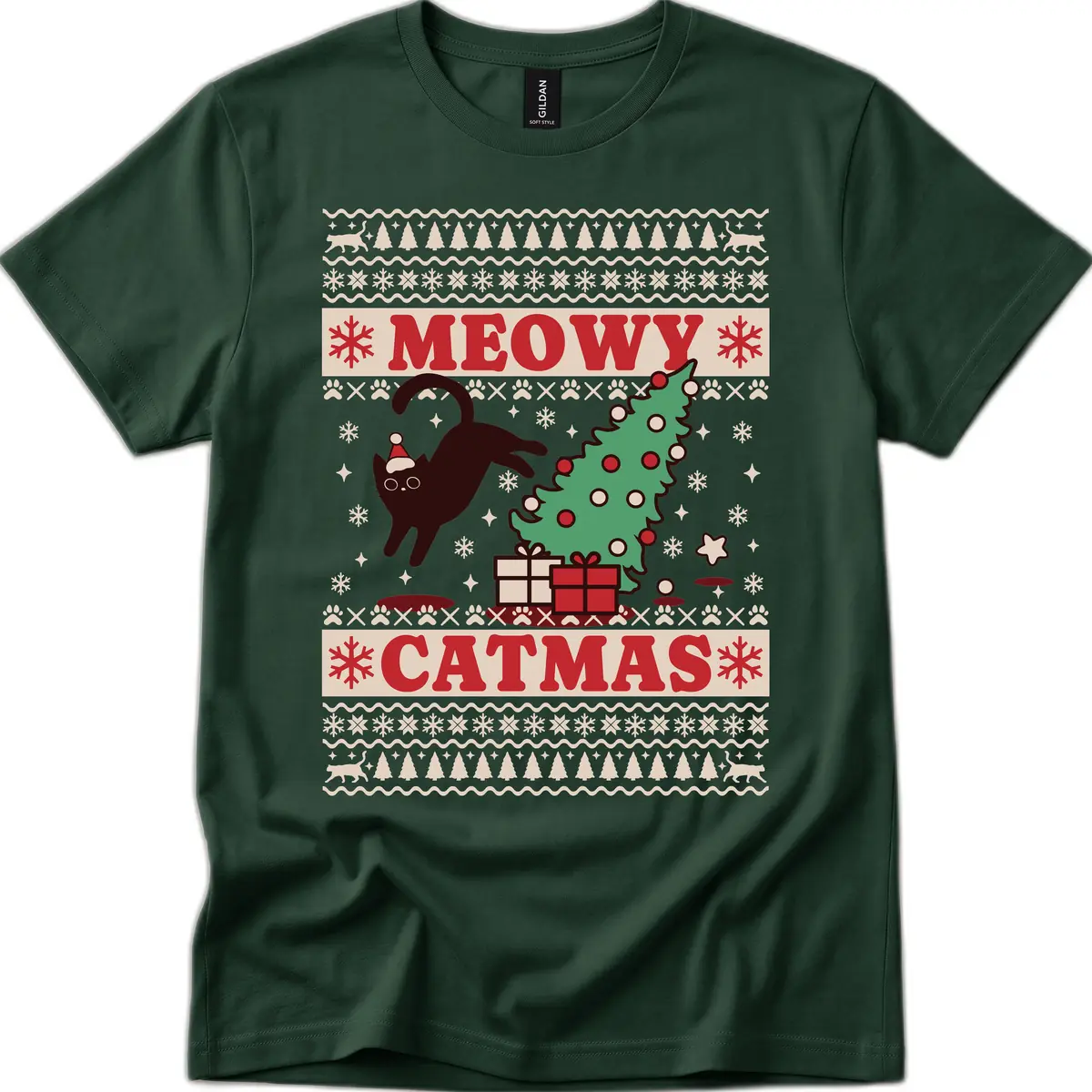 Meowy Catmas Ugly Sweater Design T-Shirt in Forest Green