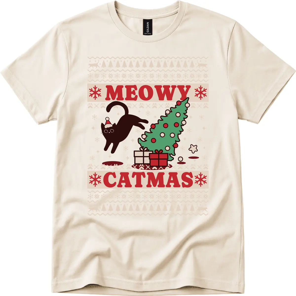 Meowy Catmas Ugly Sweater Design T-Shirt in Natural
