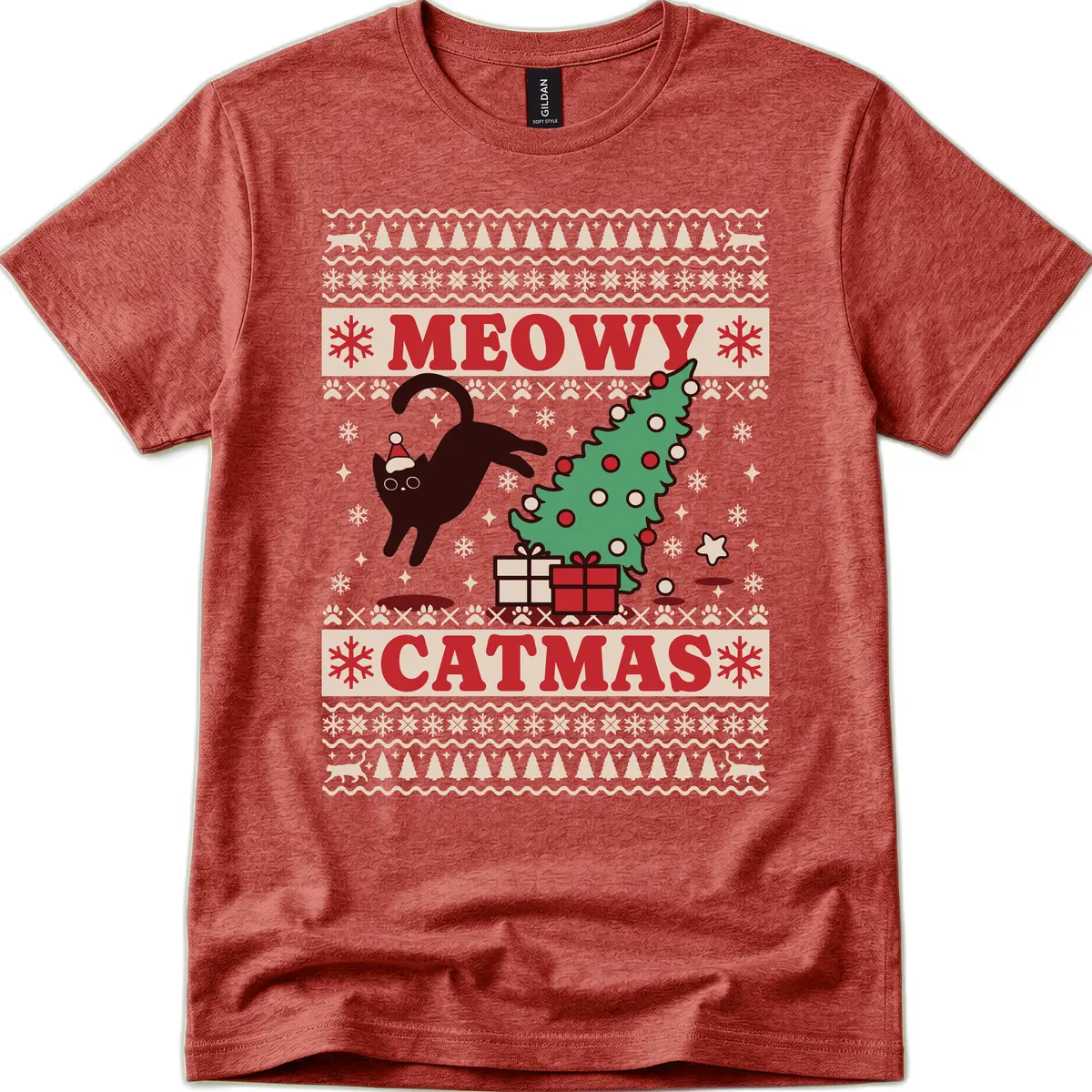 Meowy Catmas Ugly Sweater Design T-Shirt in Heather Cardinal