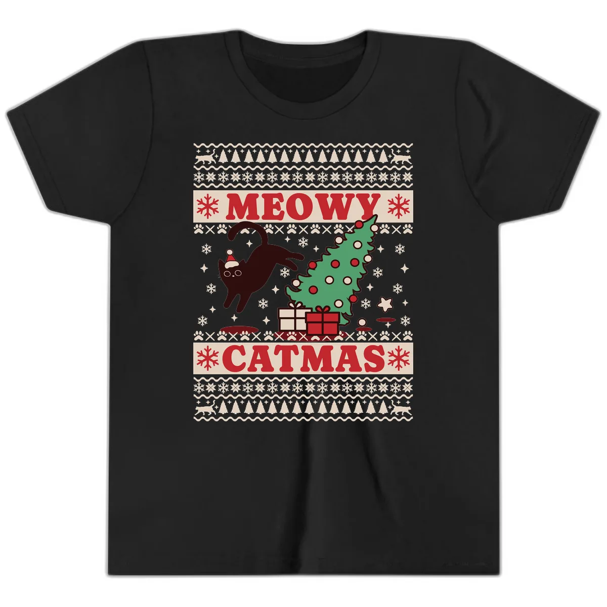 Meowy Catmas Ugly Sweater Design Youth T-Shirt in Black