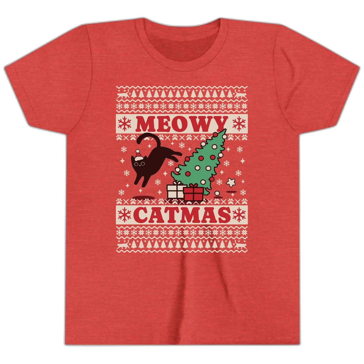 Meowy Catmas Ugly Sweater Design Youth T-Shirt in Heather Red