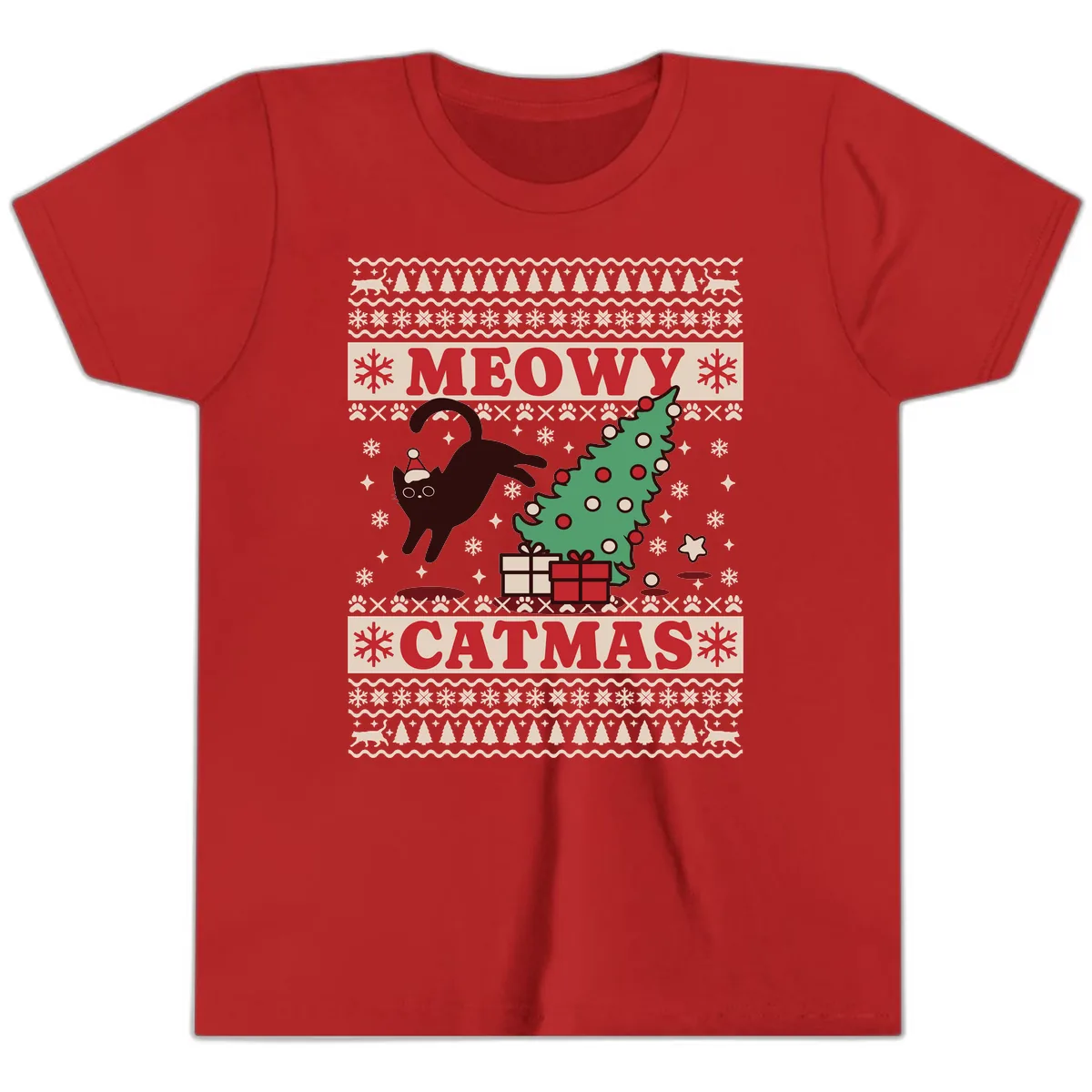 Meowy Catmas Ugly Sweater Design Youth T-Shirt in Red