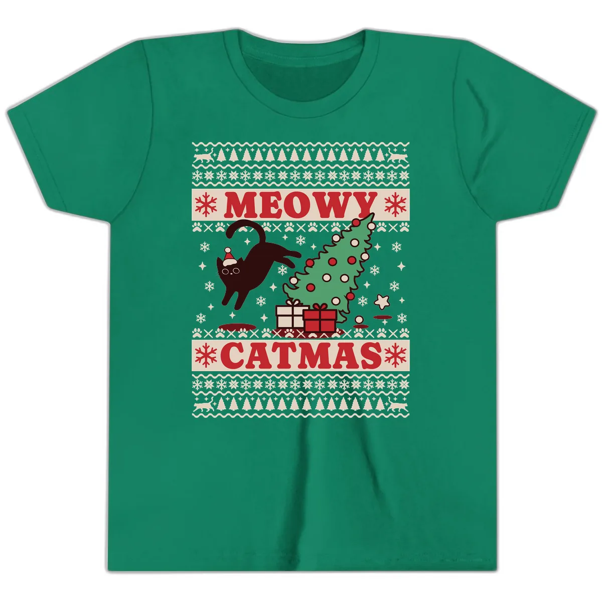 Meowy Catmas Ugly Sweater Design Youth T-Shirt in Kelly