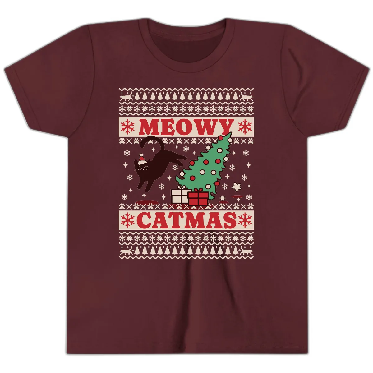 Meowy Catmas Ugly Sweater Design Youth T-Shirt in Maroon