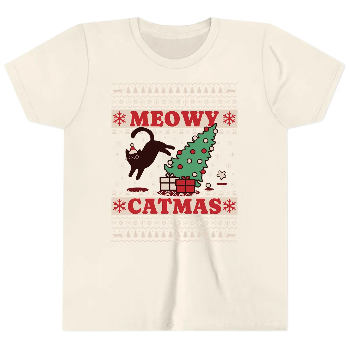Meowy Catmas Ugly Sweater Design Youth T-Shirt in Natural