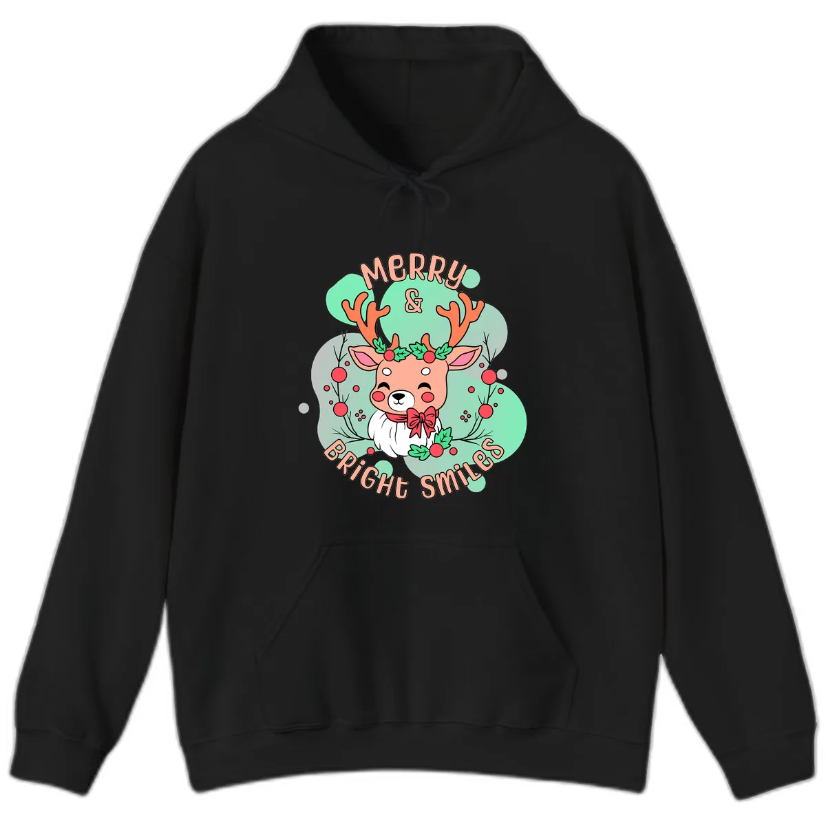 Merry And Bright Smiles Reindeer Hoodie in Black