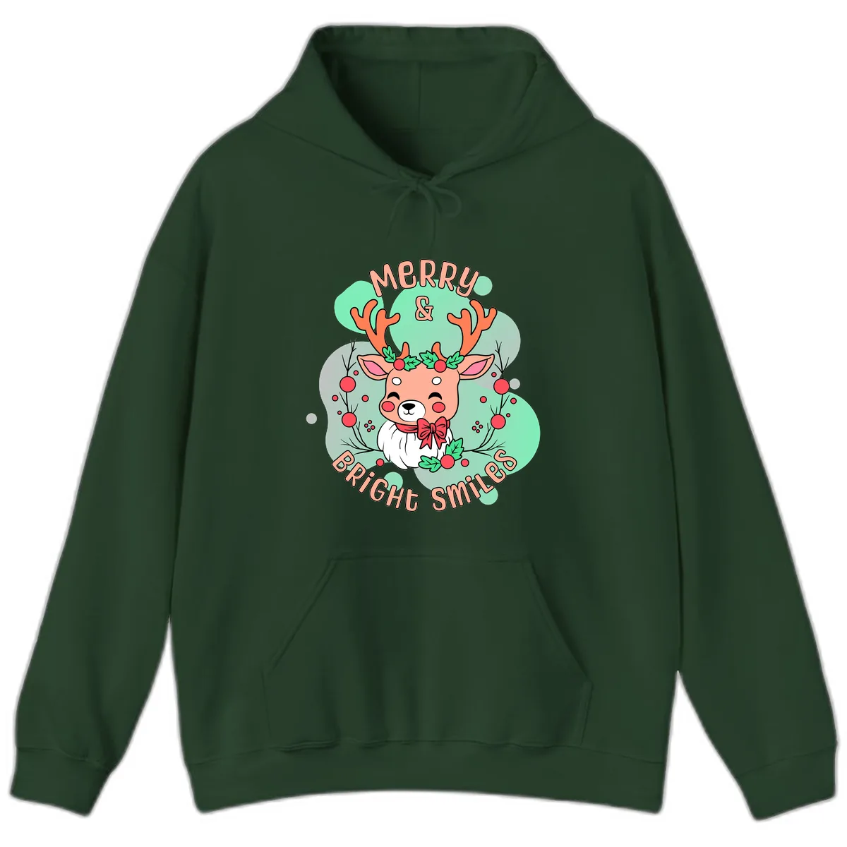 Merry And Bright Smiles Reindeer Hoodie in Forest Green